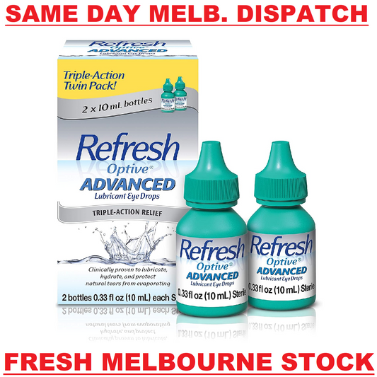 Refresh Optive Advanced Lubricant Eye Drops Triple Action Relief 2 x 10mL Bottle