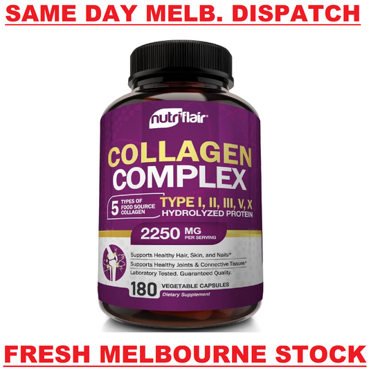 NUTRIFLAIR COLLAGEN COMPLEX 2250mg Type I, II, III, V, X Hair Skin Nails 180 Cap