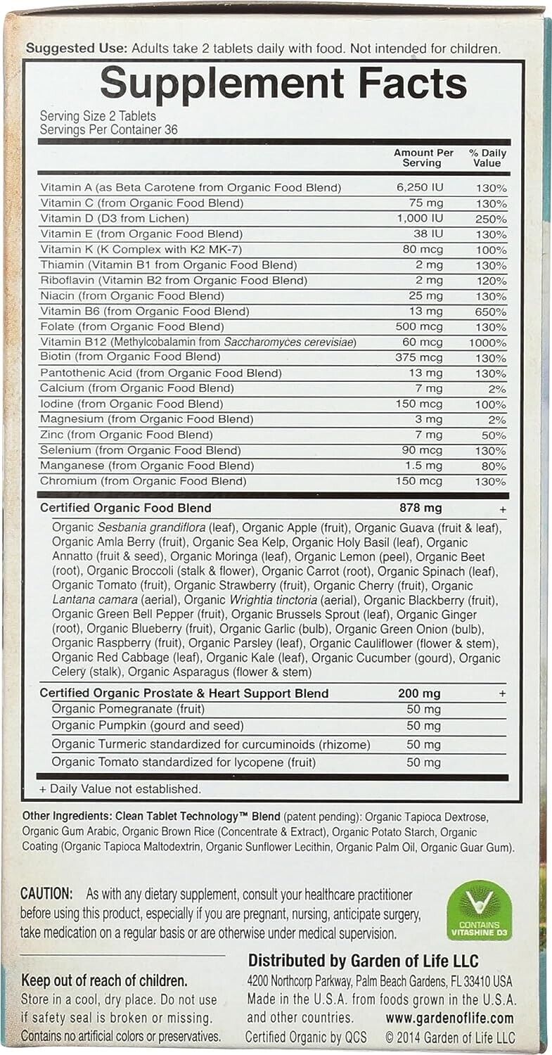 GARDEN OF LIFE mykind Organics MENs Multi 40+ Whole Food Multivitamin 72 Tablets