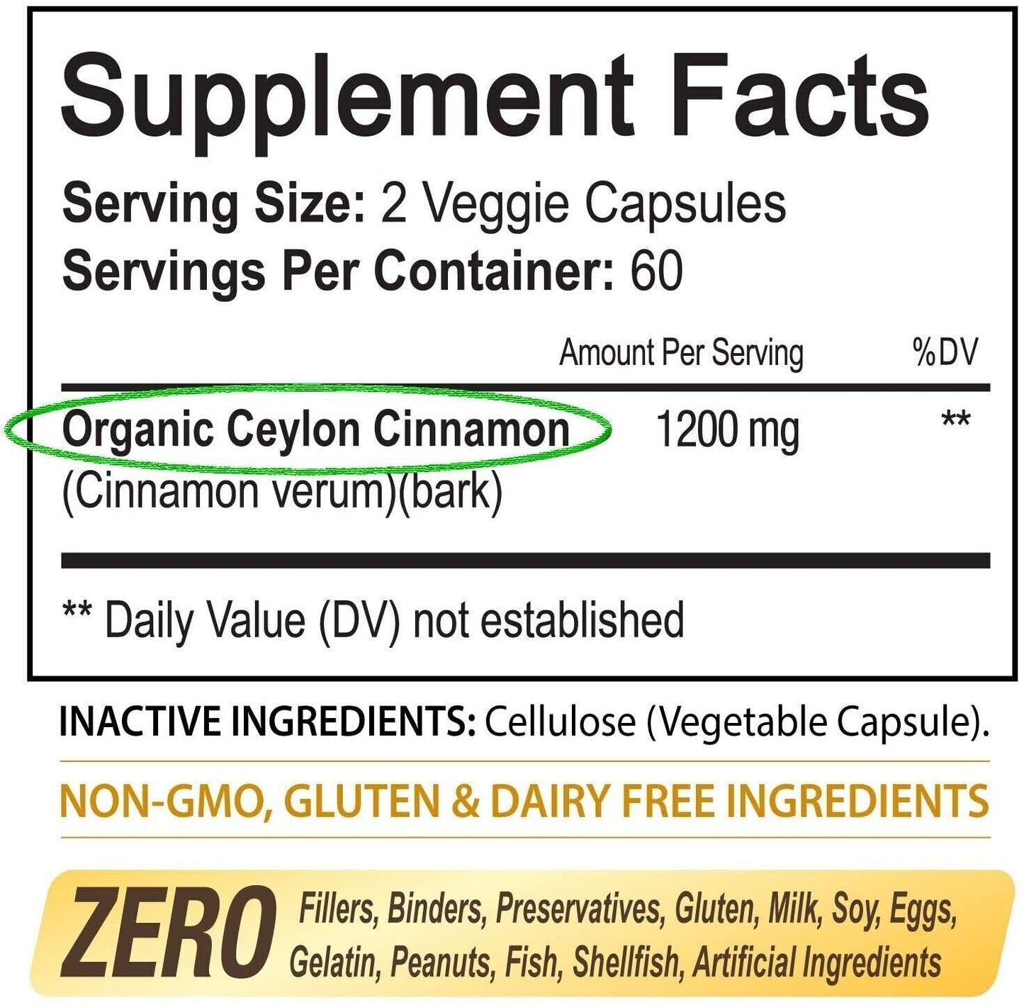 NutriFlair ORGANIC CEYLON CINNAMON 1200mg 120 Caps DOUBLE STRENGTH USA MADE!