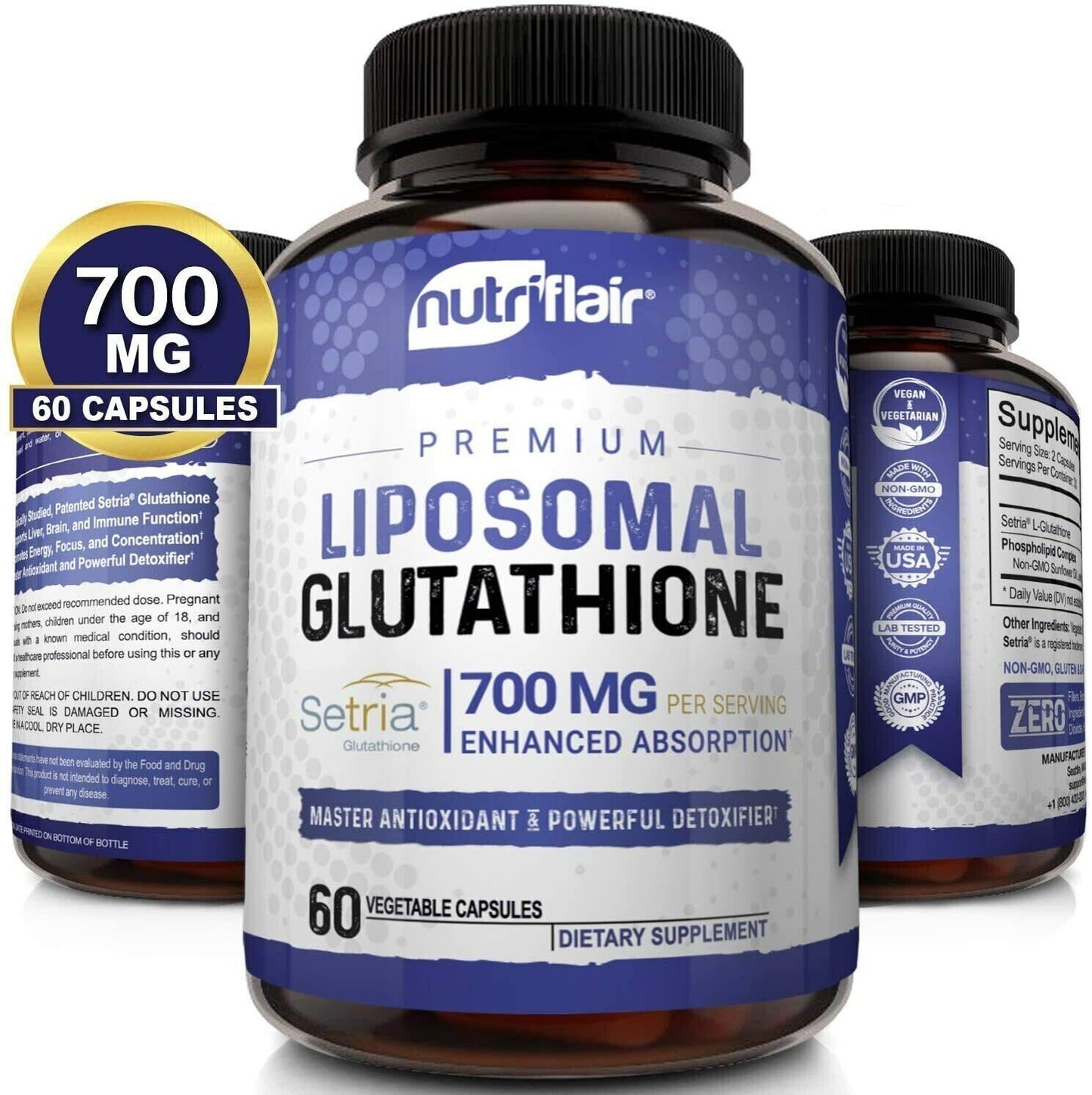 Liposomal Glutathione Setria 700mg 60 Caps NutriFlair DOUBLE STRENGTH & REDUCED