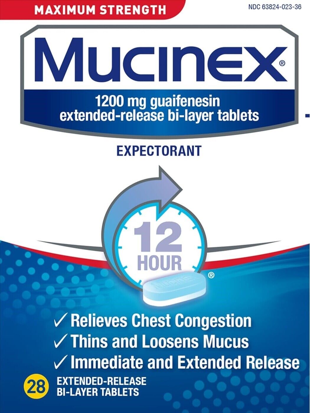Mucinex Guaifenesin 1200mg Expectorant MAXIMUM STRENGTH Loosens Mucus 28 Tablets