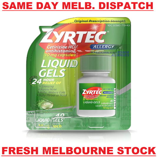 ZYRTEC CETIRIZINE 10MG 24HR ALLERGY & HAYFEVER RELIEF 40 GELCAPS EXP. 10/2024