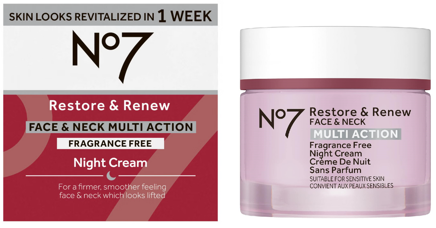 No7 RESTORE & RENEW Face & Neck Multi Action NIGHT CREAM FRAGRANCE FREE - 50mL