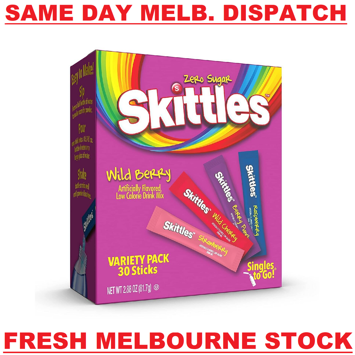 Skittles SUGAR FREE Drink Mix (4 Mix WILD BERRY Flavours) - 30 Servings