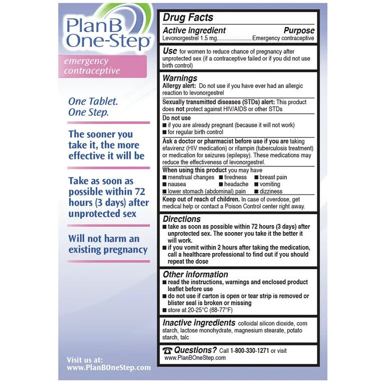 Plan B One-Step Emergency Contraceptive Morning After Pill 72HR 1.5mg - 1 Tablet
