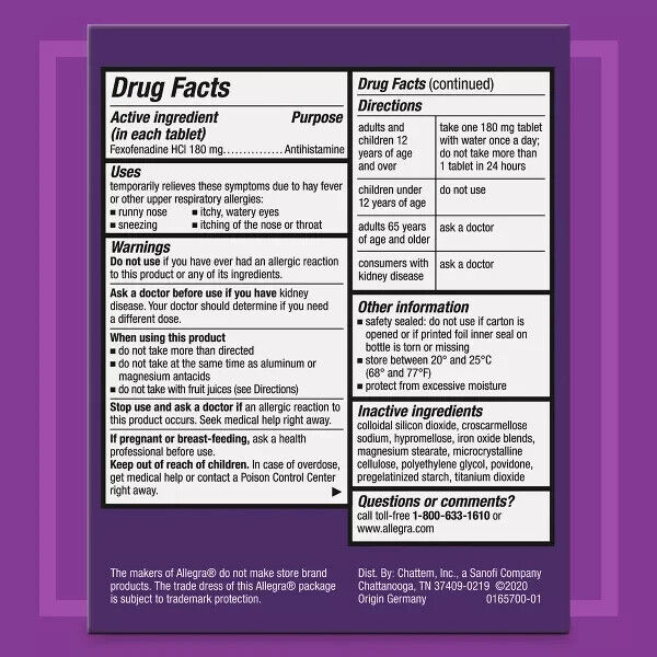ALLEGRA ALLERGY FEXOFENADINE 180MG (SAME AS TELFAST 180MG) 90 TABLETS EXP. 01/25