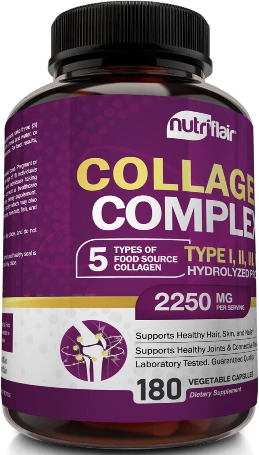 NUTRIFLAIR COLLAGEN COMPLEX 2250mg Type I, II, III, V, X Hair Skin Nails 180 Cap