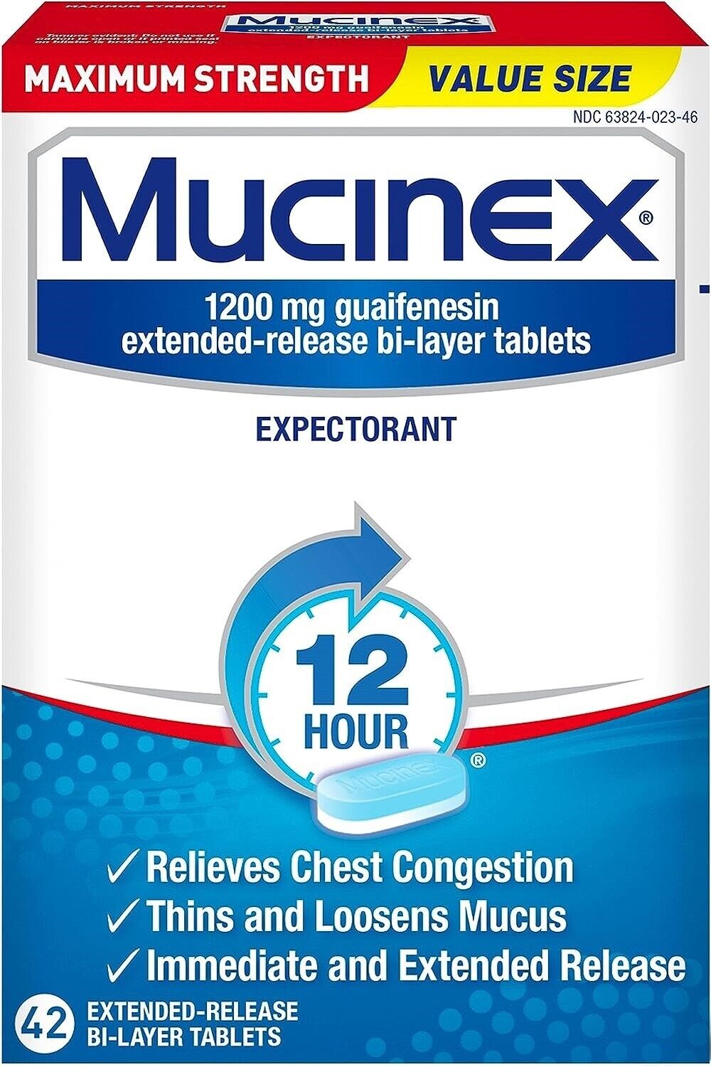 Mucinex Guaifenesin 1200mg Expectorant MAXIMUM STRENGTH Loosens Mucus 42 Tablets
