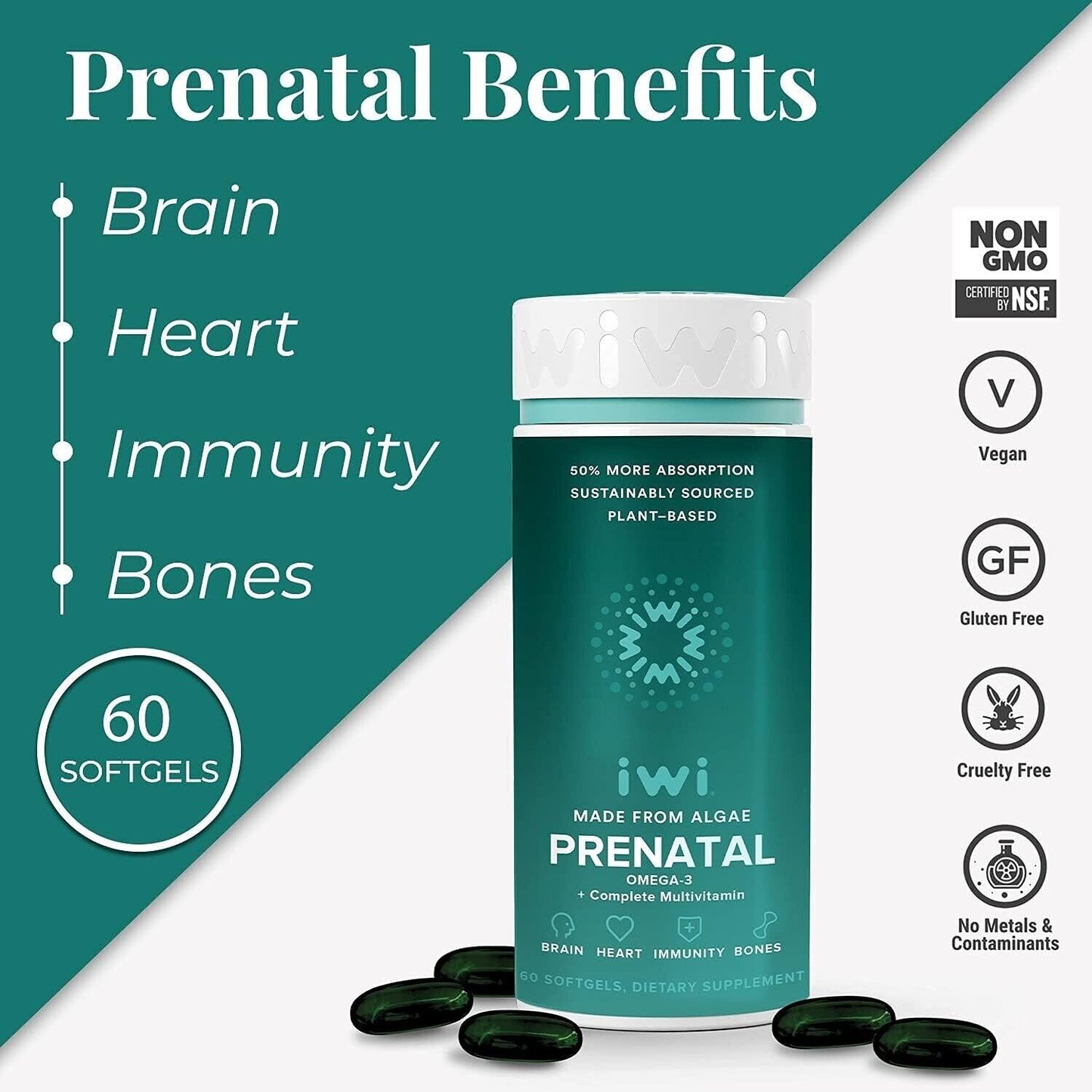 iwi Life PRENATAL Algae Plant Omega-3 EPA/DHA + Complete Multivitamin 60 Softgel