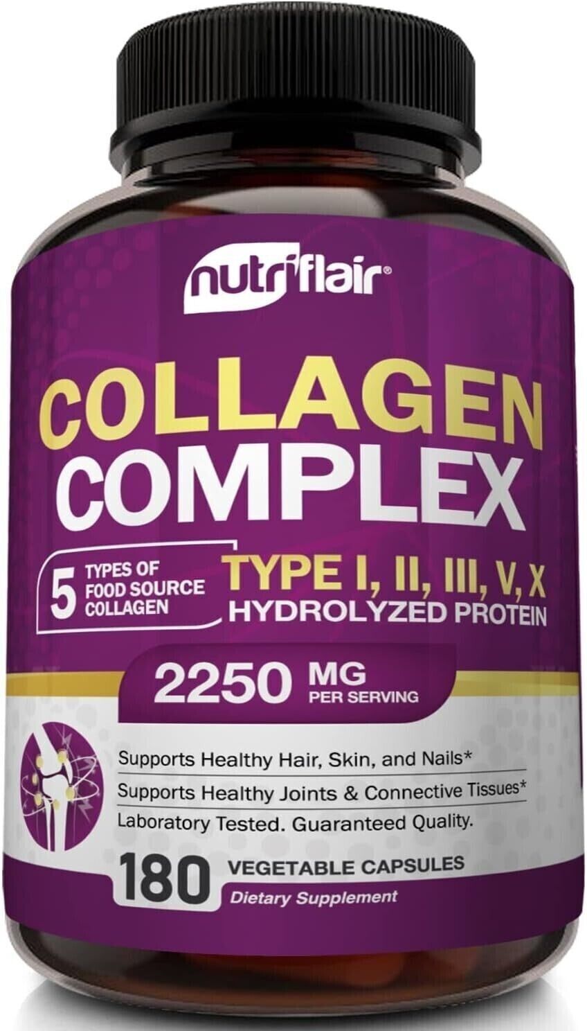 NUTRIFLAIR COLLAGEN COMPLEX 2250mg Type I, II, III, V, X Hair Skin Nails 180 Cap
