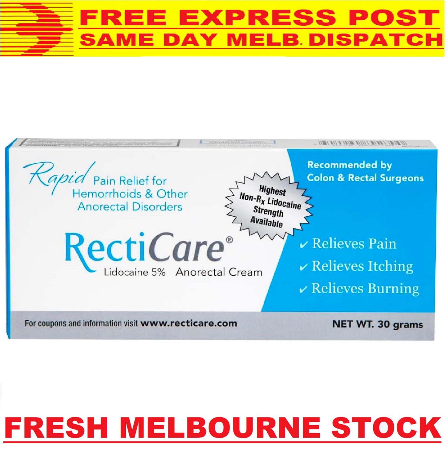 RectiCare Hemorrhoidal Cream Rapid Anorectal Pain Relief 30g - FREE EXPRESS POST