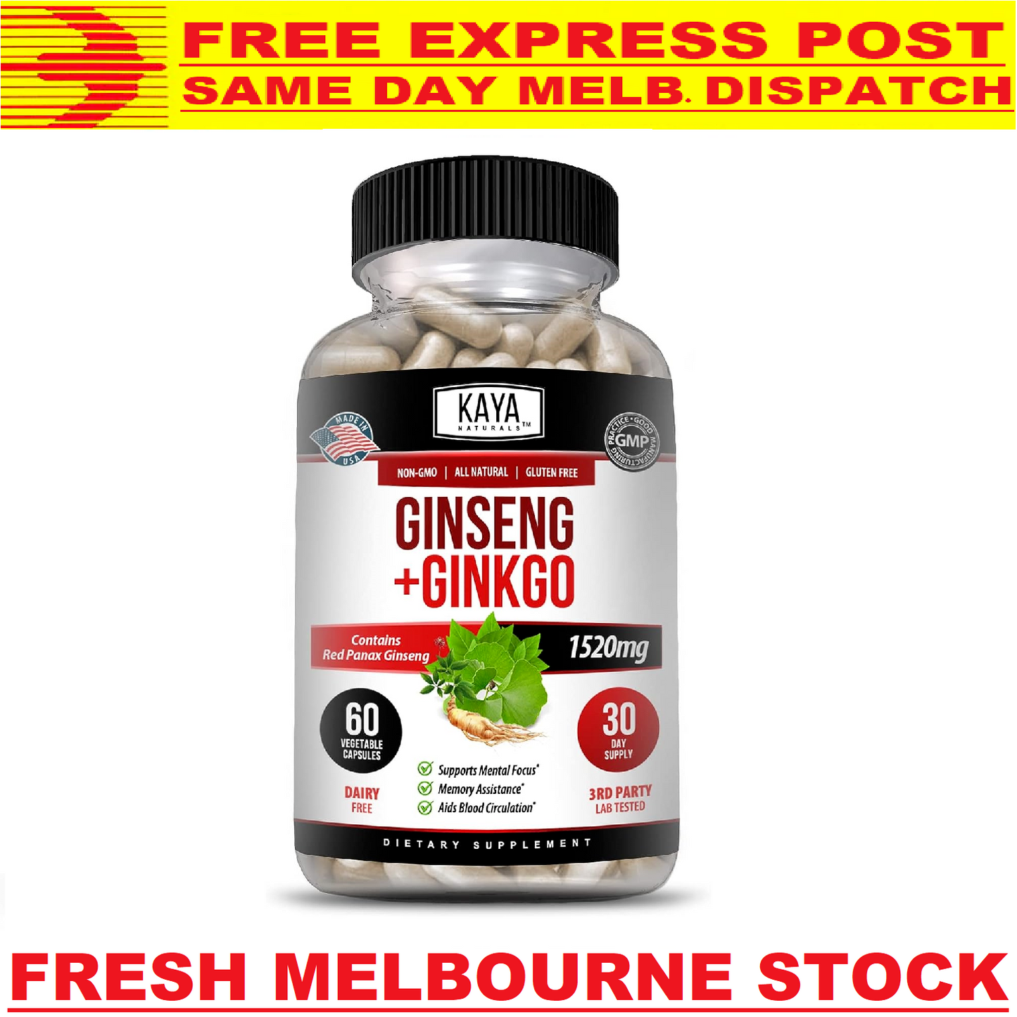 GINKGO BILOBA + KOREAN RED PANAX GINSENG 1520mg Energy Performance Focus 60 Caps
