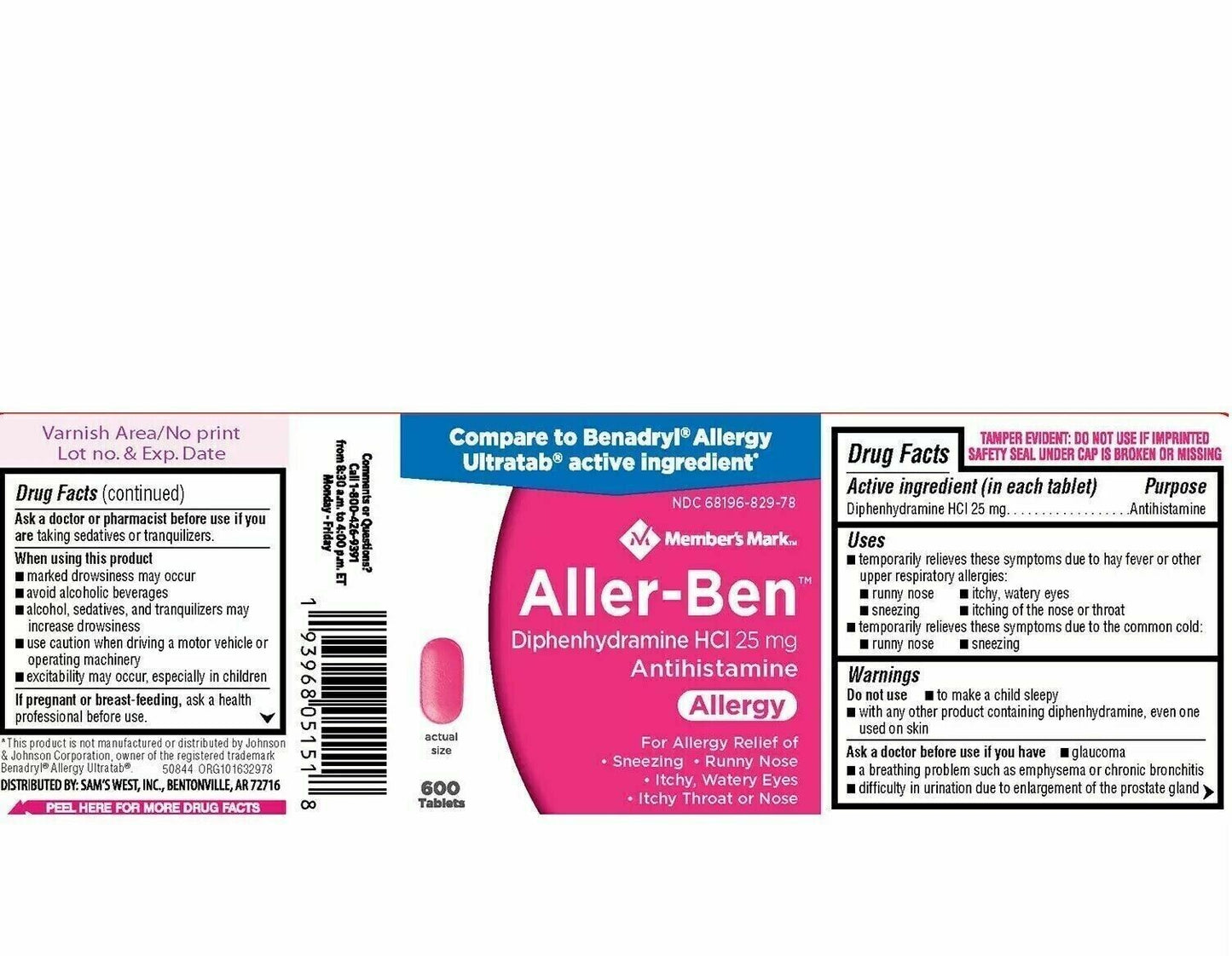 Members Mark Allergy Med ALLER-BEN HCL 600 Tablets Fresh Stock FREE POST