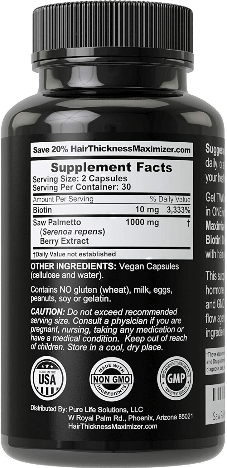 SAW PALMETTO 1000 mg + BIOTIN 10000 mcg HAIR GROWTH VITAMINS DHT BLOCKER 60 CAPS