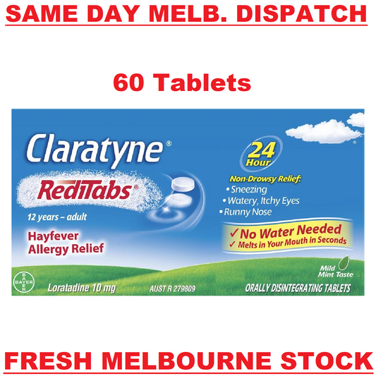 CLARATYNE CLARITIN REDITABS LORATADINE 10MG 24HR ALLERGY RELIEF 60 MELT TABLETS