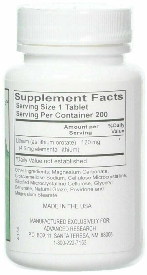 ADVANCED RESEARCH NCI LITHIUM OROTATE 120mg Mood Stress Support 200 Tablets NEW!