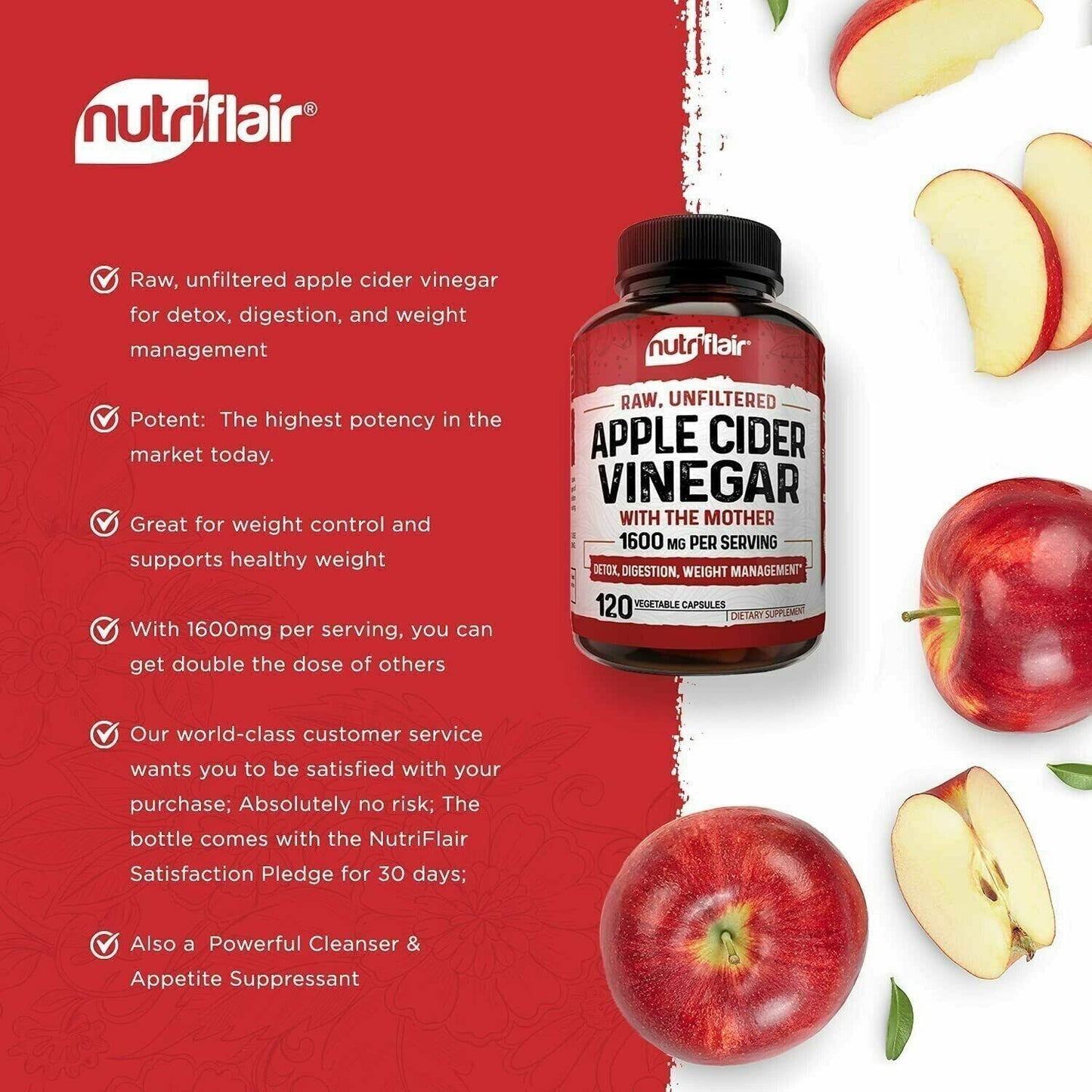 Apple Cider Vinegar Capsules with Mother 1600mg 120 Caps Weight Loss Supplement