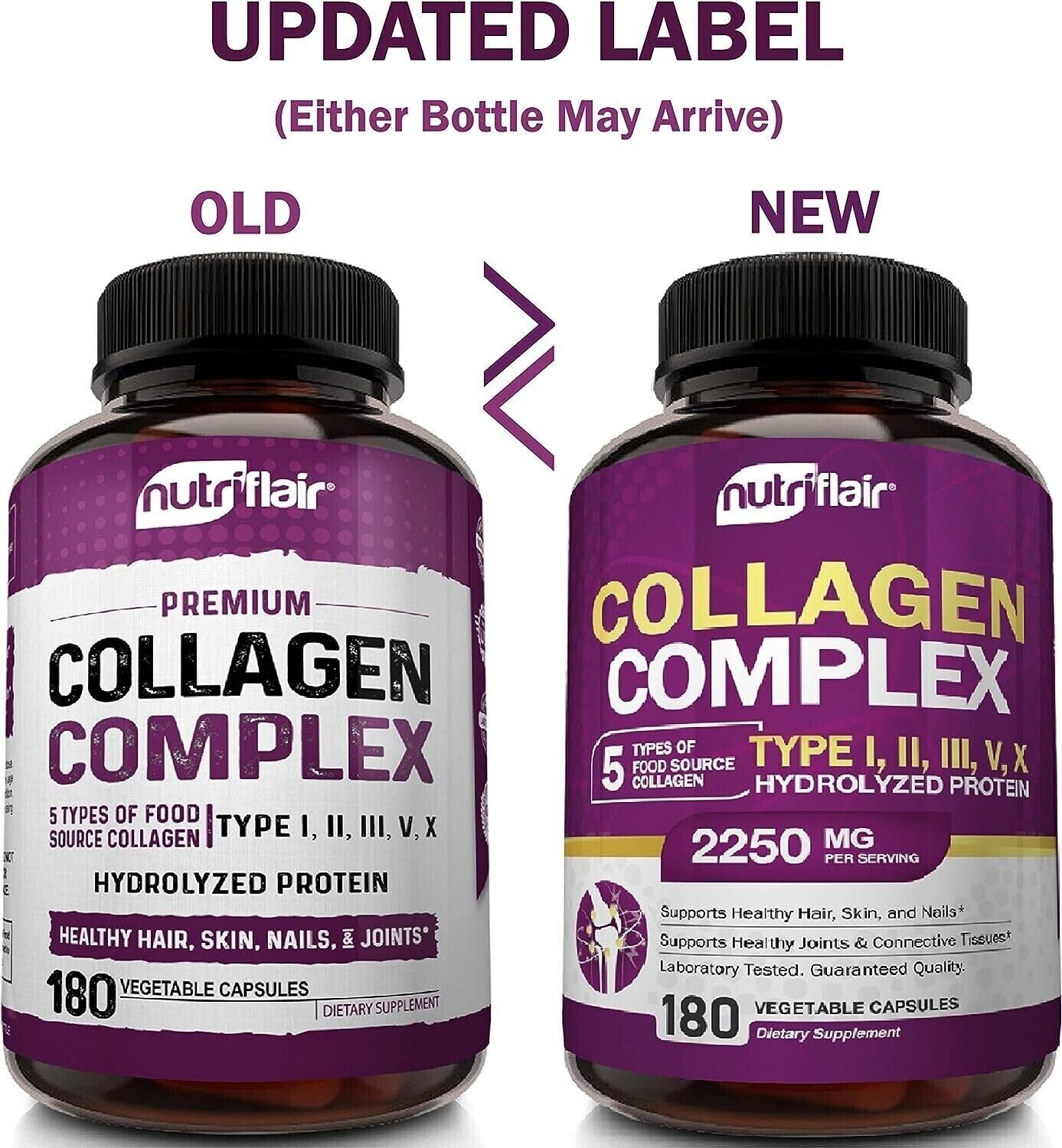 NUTRIFLAIR COLLAGEN COMPLEX 2250mg Type I, II, III, V, X Hair Skin Nails 180 Cap