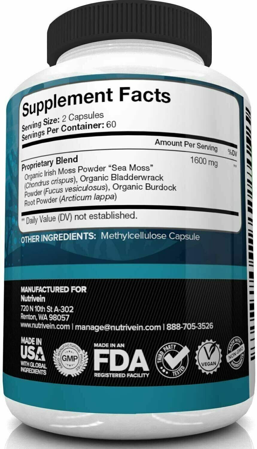 NUTRIVEIN ORGANIC IRISH SEA MOSS 1600mg 120 Caps DOUBLE STRENGTH - FREE EXPRESS!