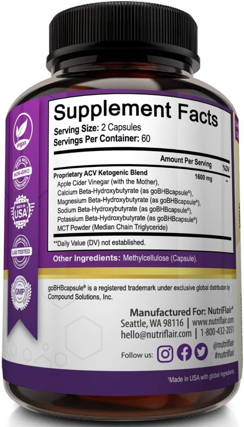 NutriFlair KETO BHB 120 Capsules With Apple Cider Vinegar - FREE EXPRESS POST!