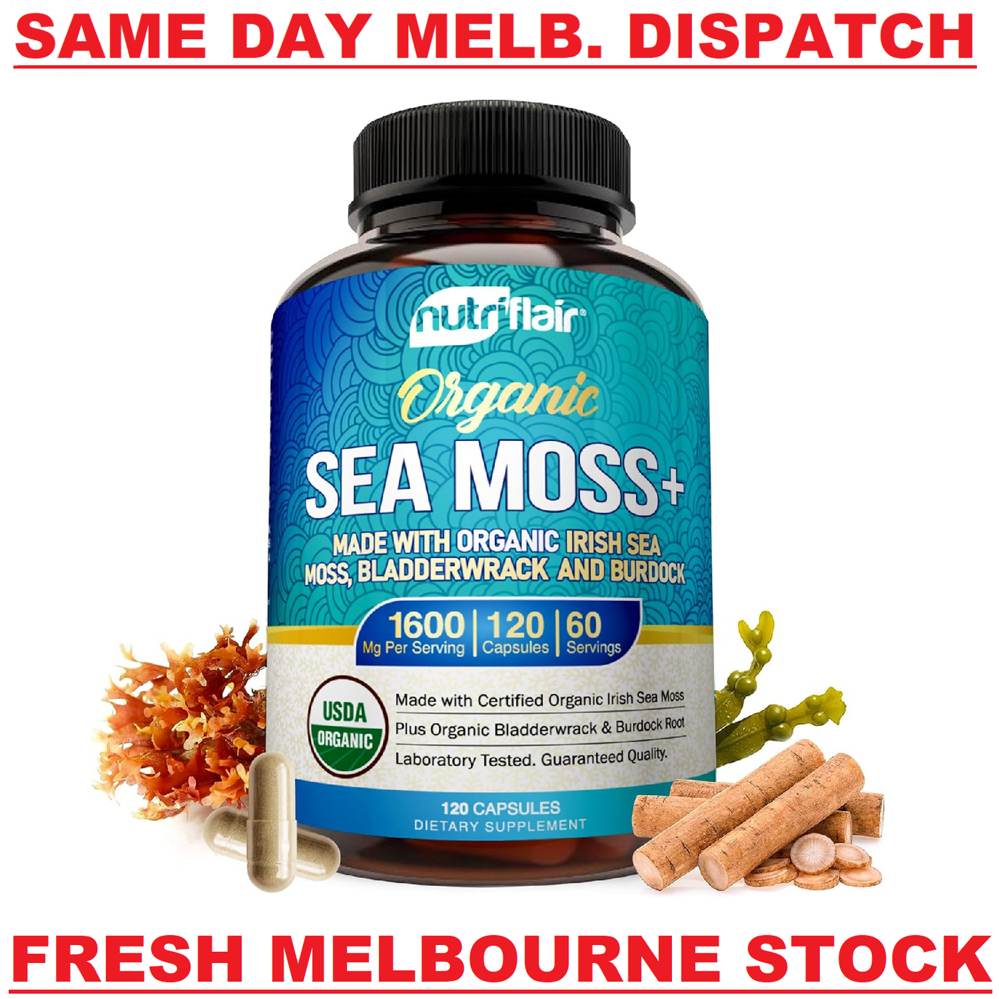 Nutriflair ORGANIC IRISH SEA MOSS PREMIUM GRADE 1600mg 120 Capsules FAST POST