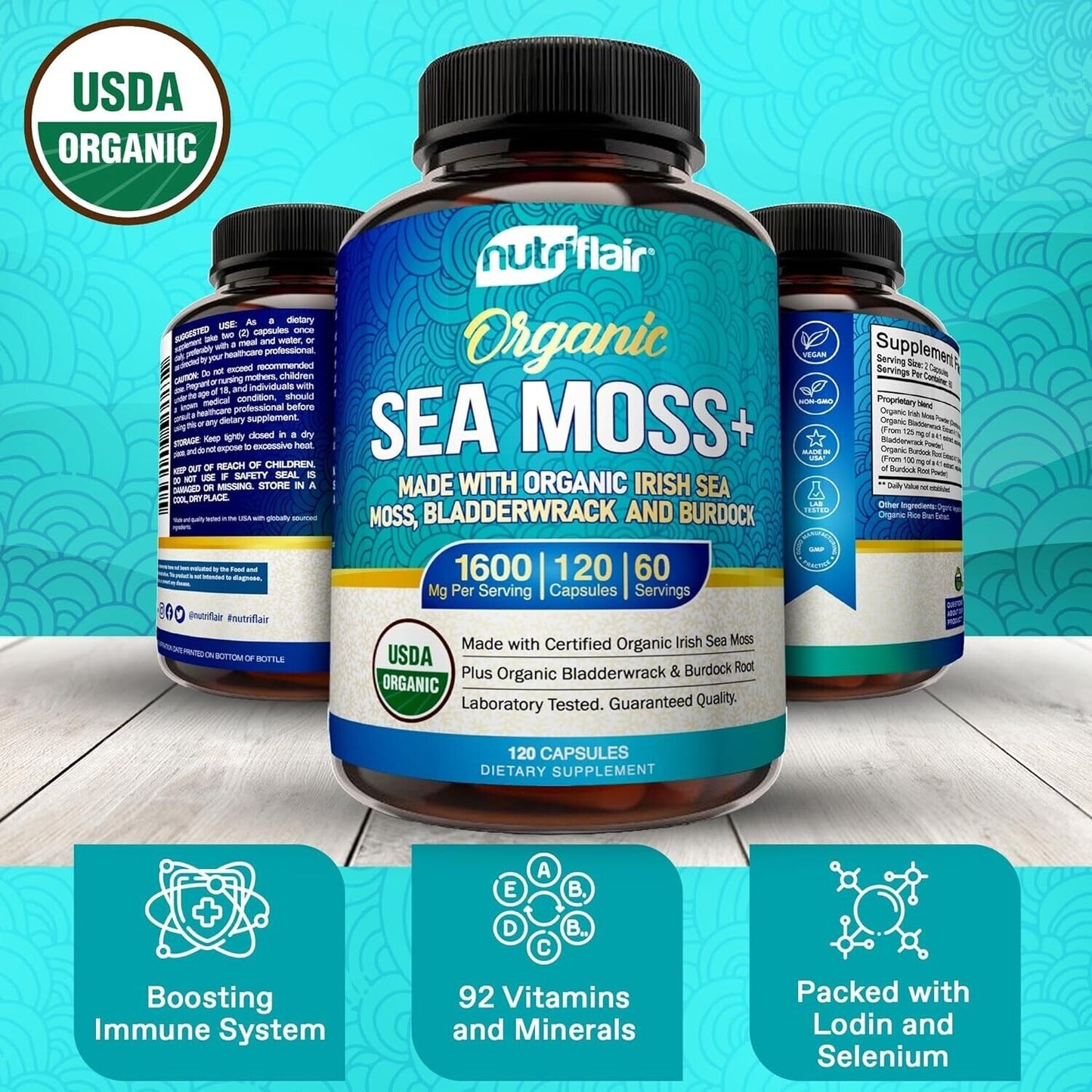 Nutriflair ORGANIC IRISH SEA MOSS PREMIUM GRADE 1600mg 120 Capsules FAST POST