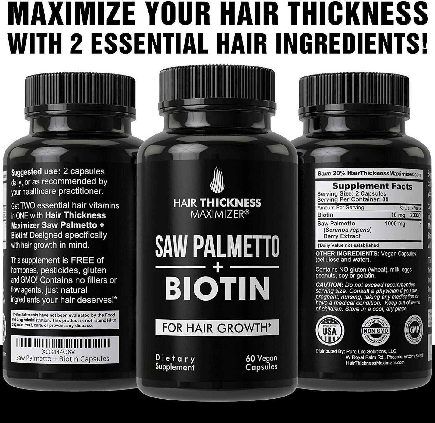 SAW PALMETTO 1000 mg + BIOTIN 10000 mcg HAIR GROWTH VITAMINS DHT BLOCKER 60 CAPS