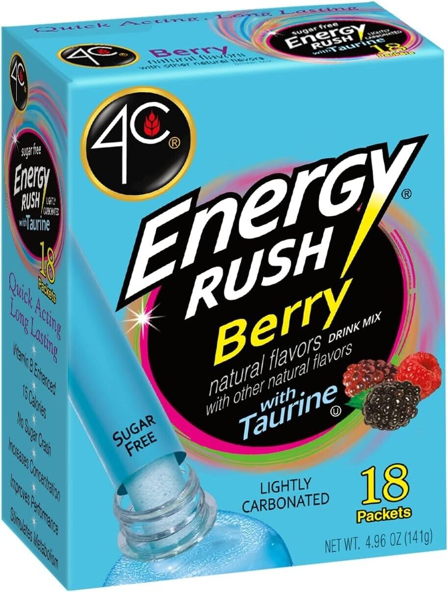4C Energy Rush BERRY Drink Powder- Sugar Free- 18 Servings- 170mg Caffeine
