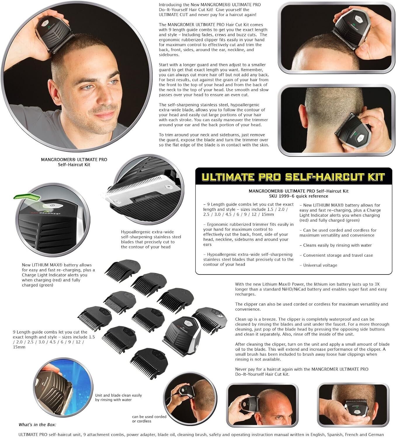 Mangroomer Ultimate Pro Self Haircut Kit Rechargeable Waterproof Clipper Trimmer
