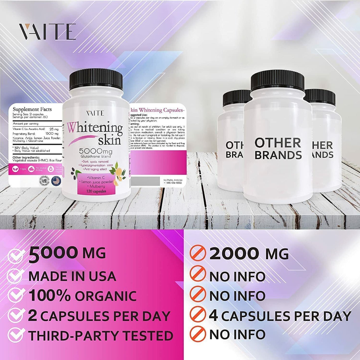 GLUTATHIONE PREMIUM SKIN WHITENING 5000mg 120 V.Caps ANTI-AGING - FREE EXPRESS