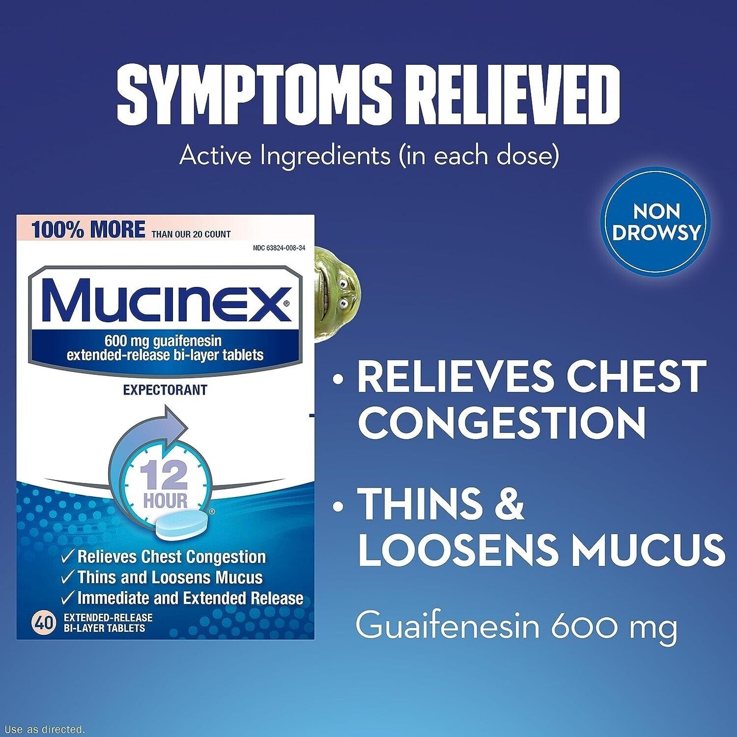 Mucinex Guaifenesin 600mg Expectorant Chest Congestion Loosens Mucus 40 Tablets