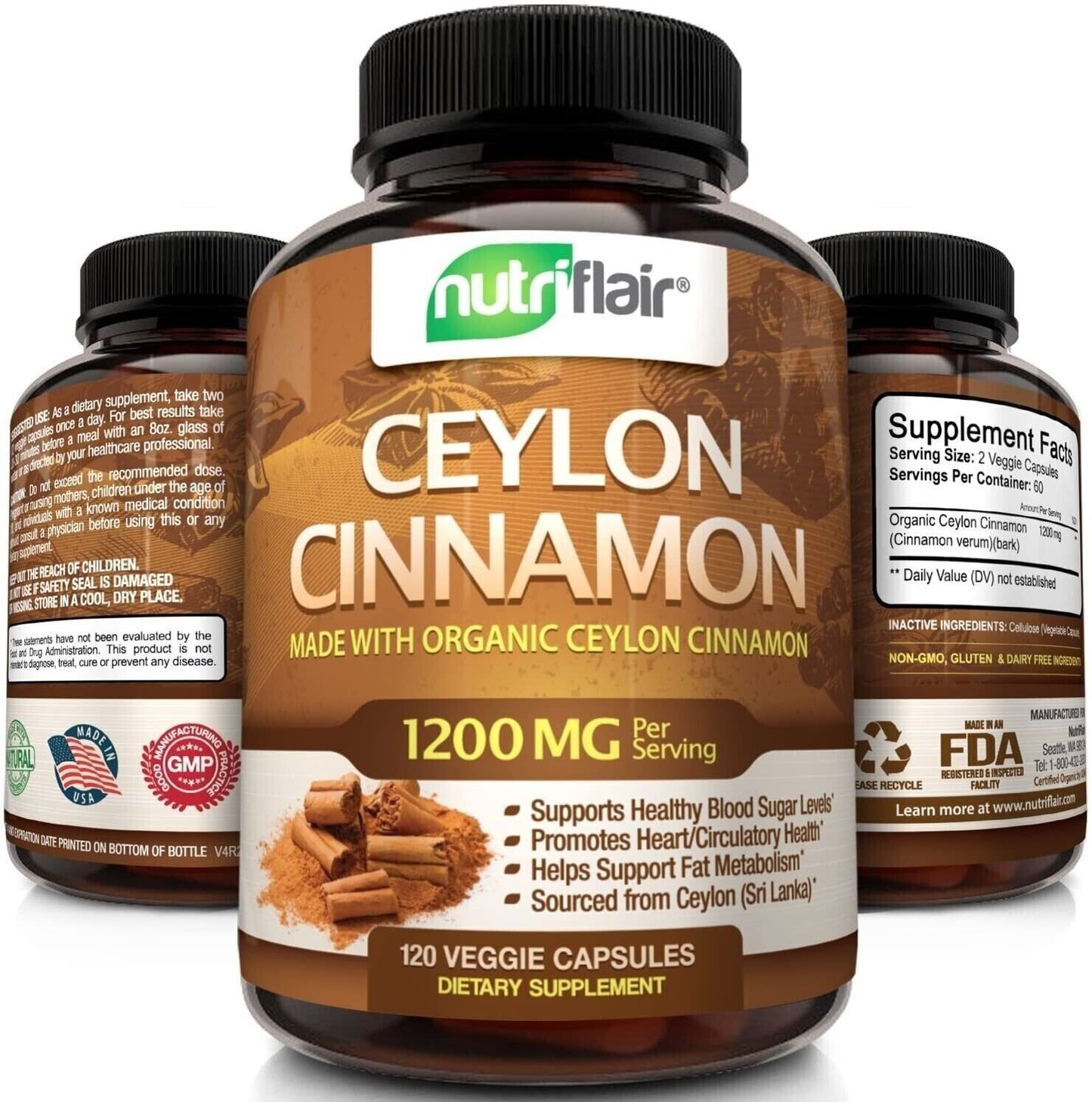 NutriFlair ORGANIC CEYLON CINNAMON 1200mg 120 Caps DOUBLE STRENGTH USA MADE!