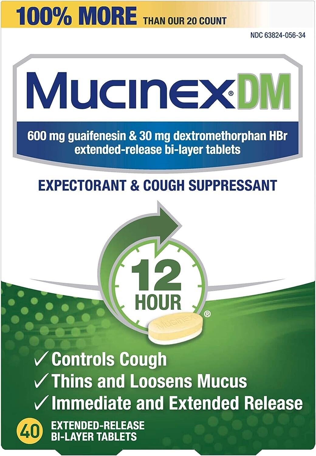 Mucinex DM Guaifenesin 600mg Expectorant & Cough Control Suppressant 40 Tablets