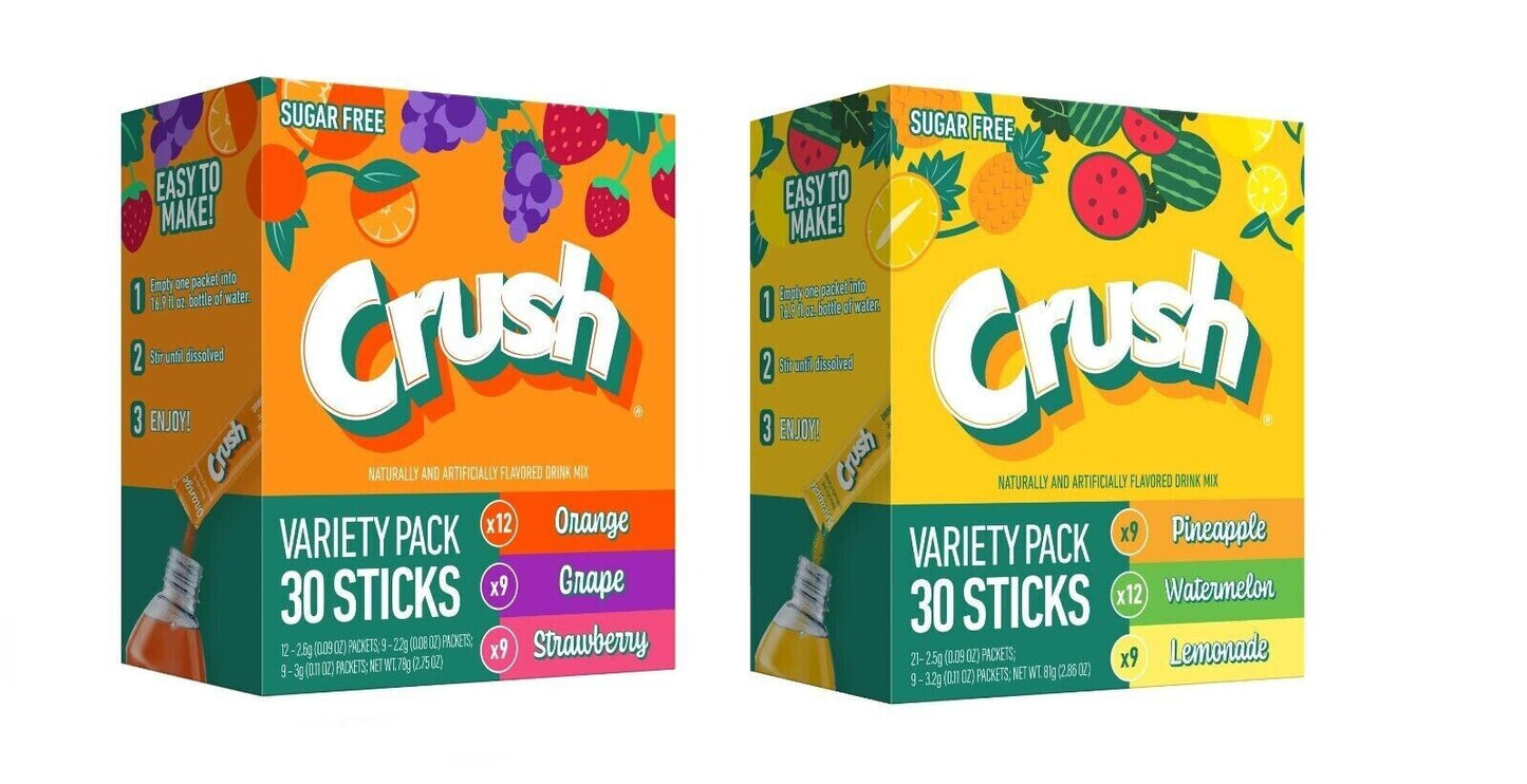 Crush SUGAR FREE Drink Mix Variety Pack (3 Mix Flavours) - 30 Servings