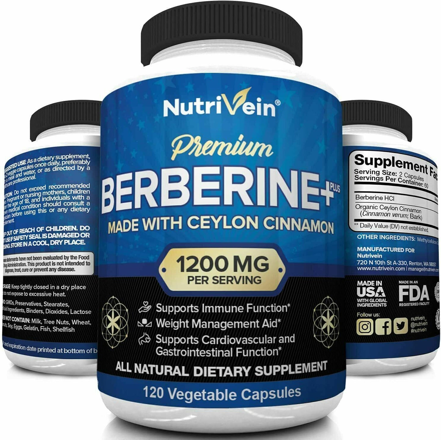 NUTRIVEIN PREMIUM BERBERINE HCL 1200mg 120 Capsules Ceylon Cinnamon FREE EXPRESS