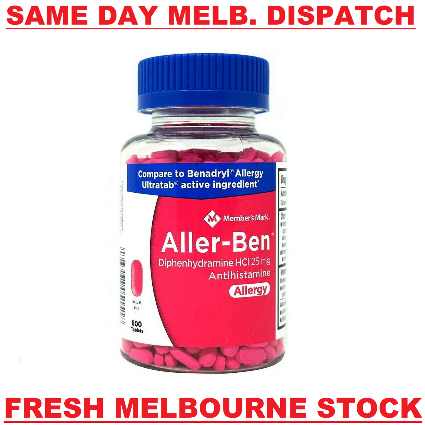 Members Mark Allergy Med ALLER-BEN HCL 600 Tablets Fresh Stock FREE POST