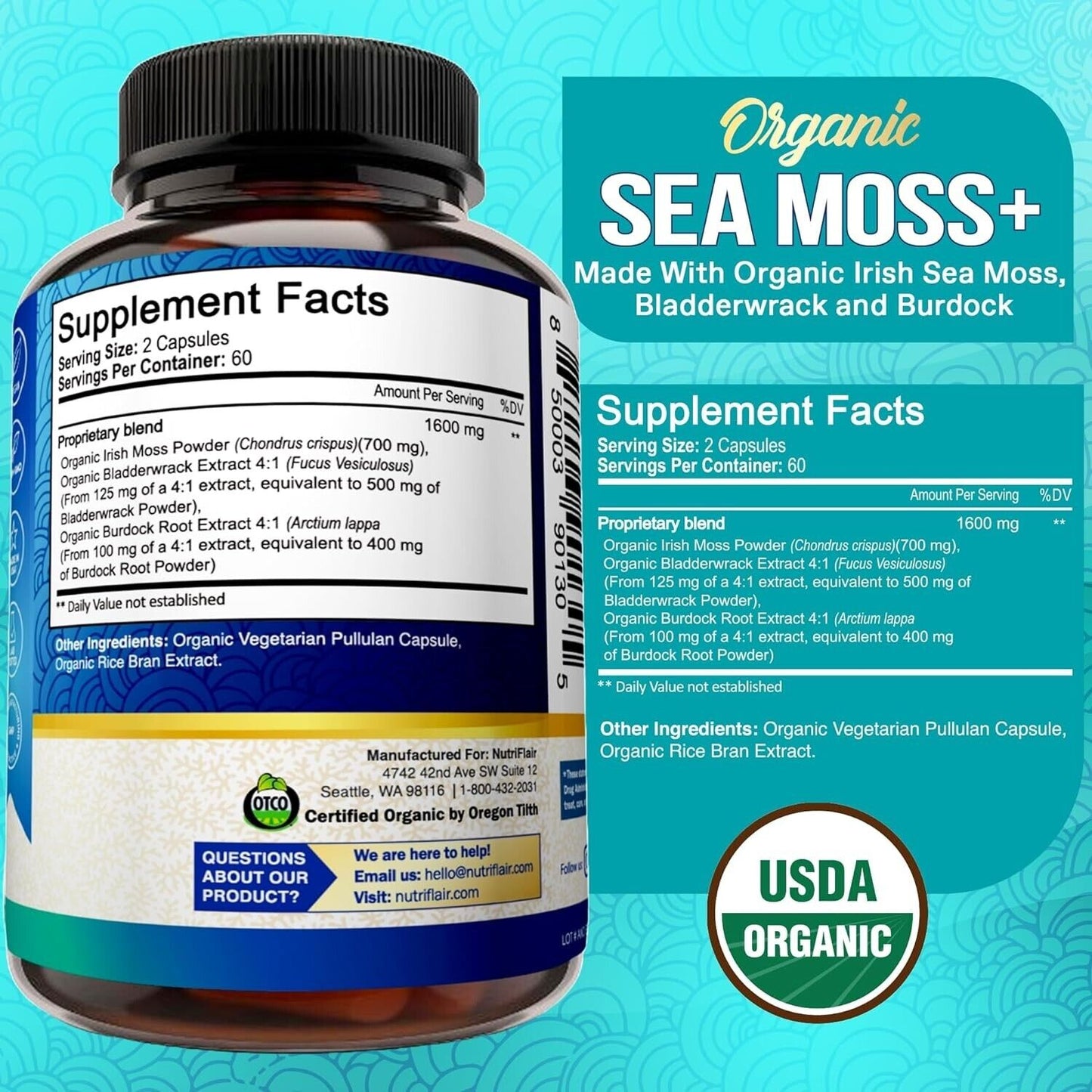 Nutriflair ORGANIC IRISH SEA MOSS PREMIUM GRADE 1600mg 120 Capsules FAST POST