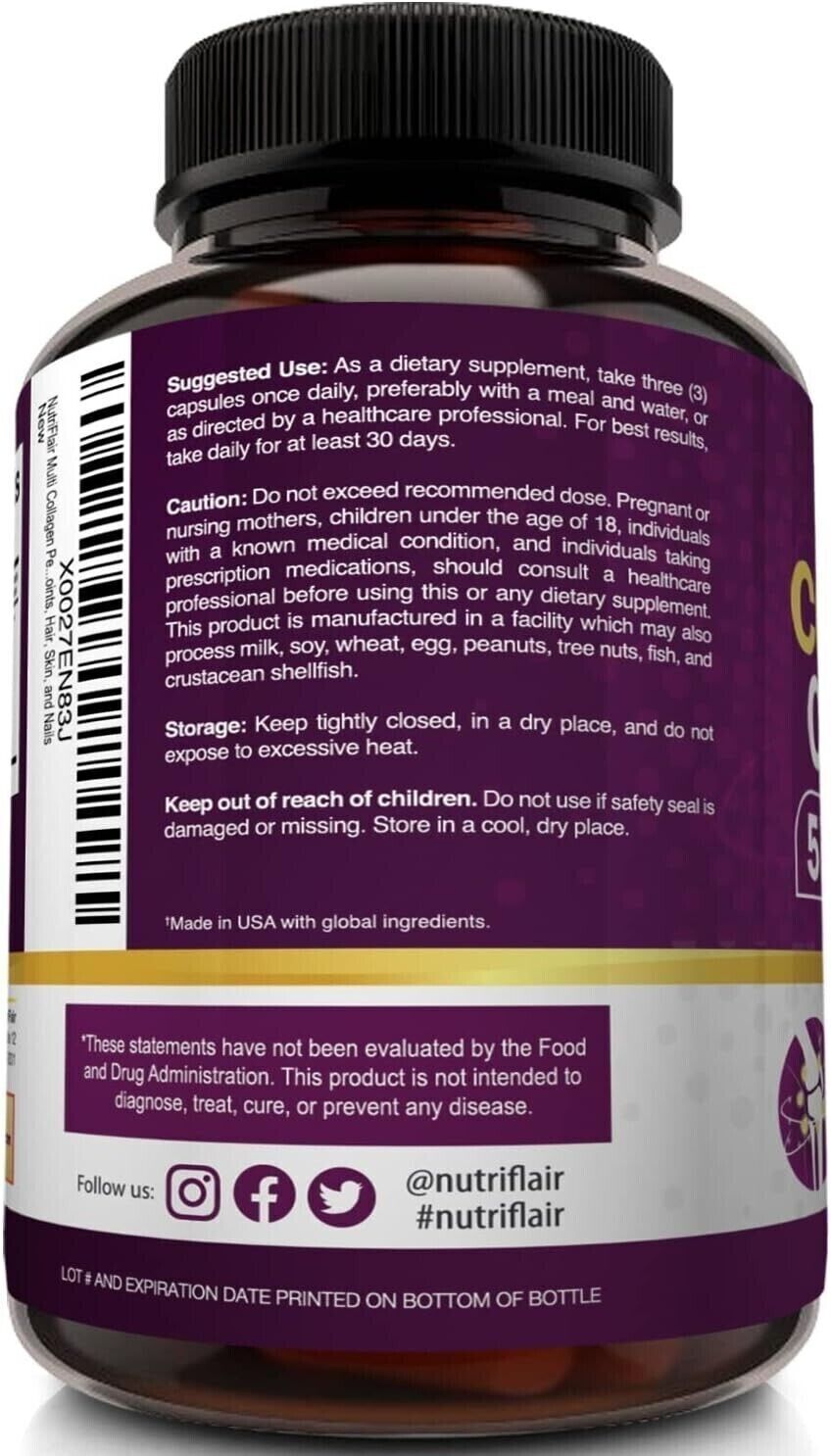 NUTRIFLAIR COLLAGEN COMPLEX 2250mg Type I, II, III, V, X Hair Skin Nails 180 Cap