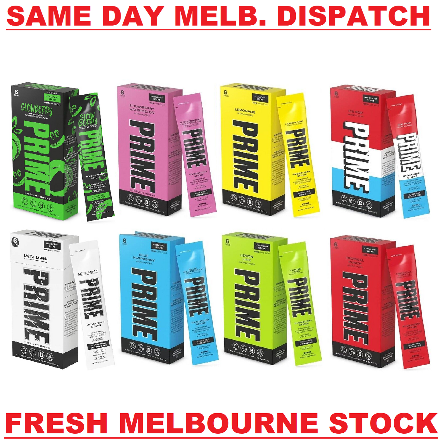 Prime Hydration Powder Sticks -No Added Sugar - 8 Flavours -  6 X 500ml Servings