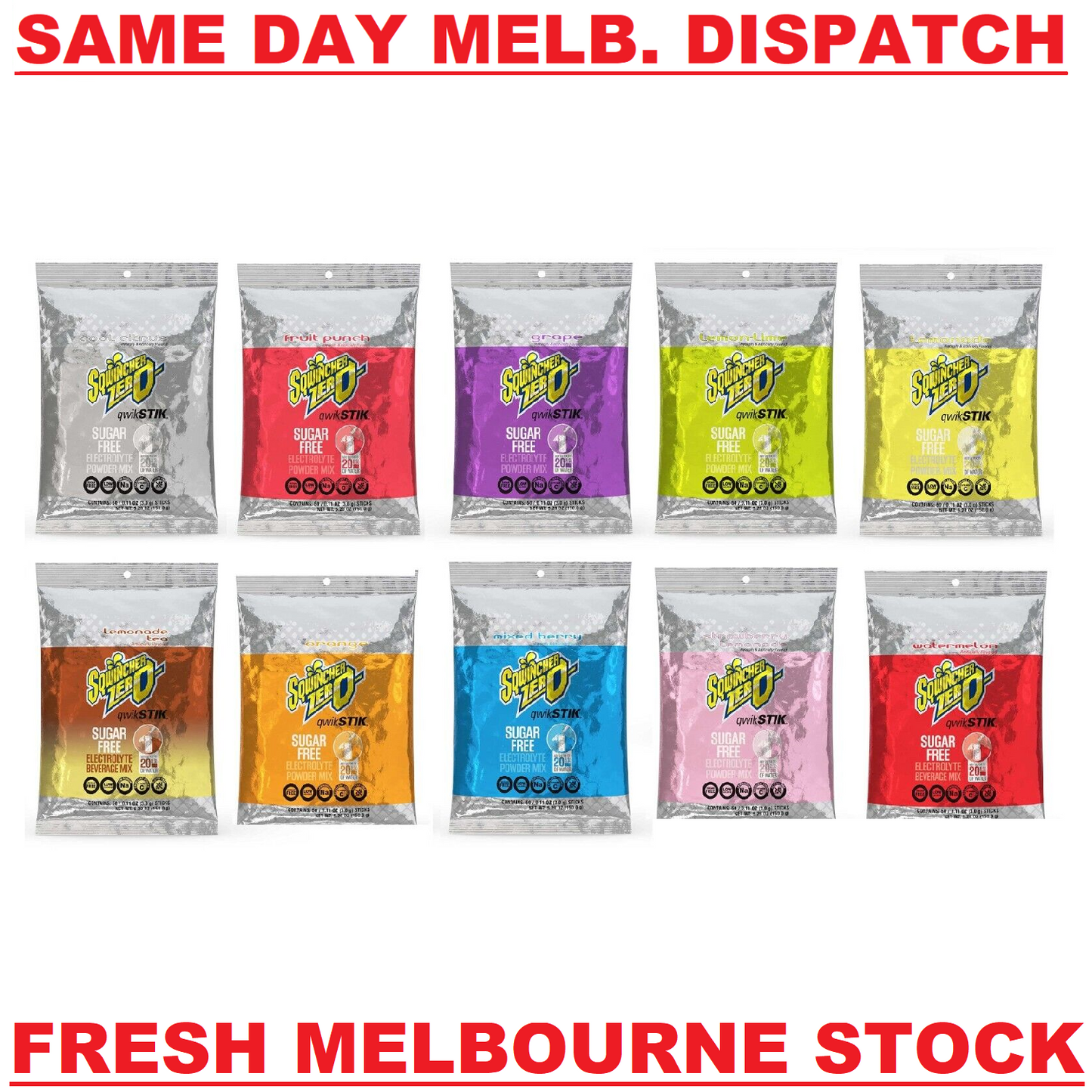 Sqwincher Zero Qwik Stik Electrolyte Drink- Sugar Free- 50 Servings -10 Flavours