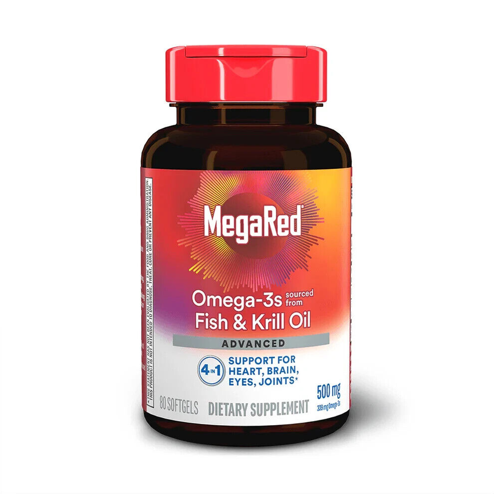 MegaRed ADVANCED Fish & Krill Oil 500mg Omega-3s Heart, Eye & Brain Support 80ct