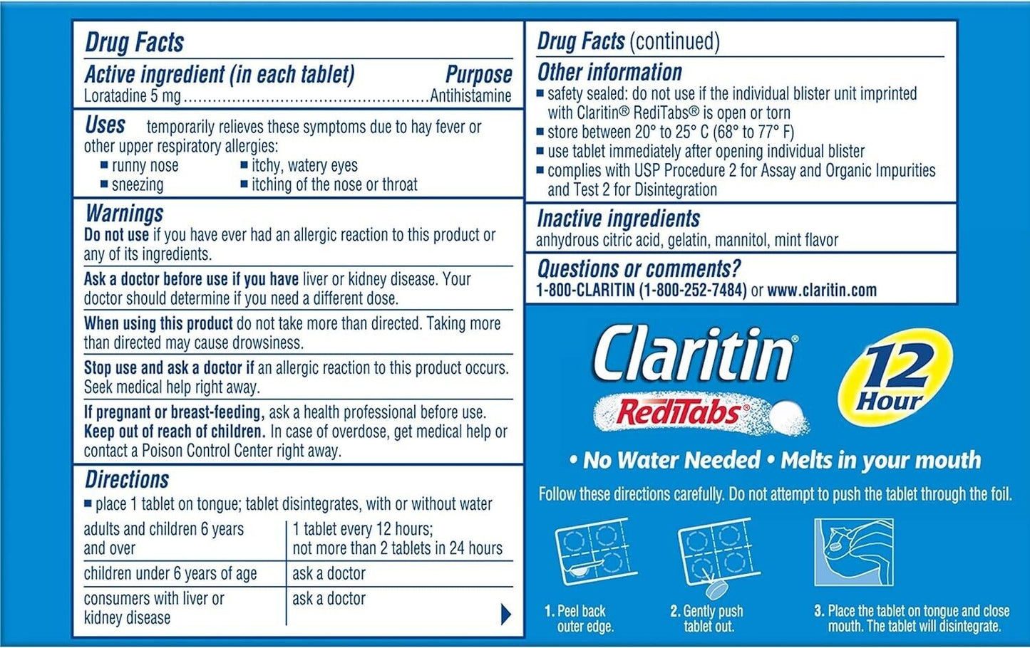 CLARATYNE CLARITIN REDITABS LORATADINE 5MG 12HR ALLERGY RELIEF 30 MELT TABLETS