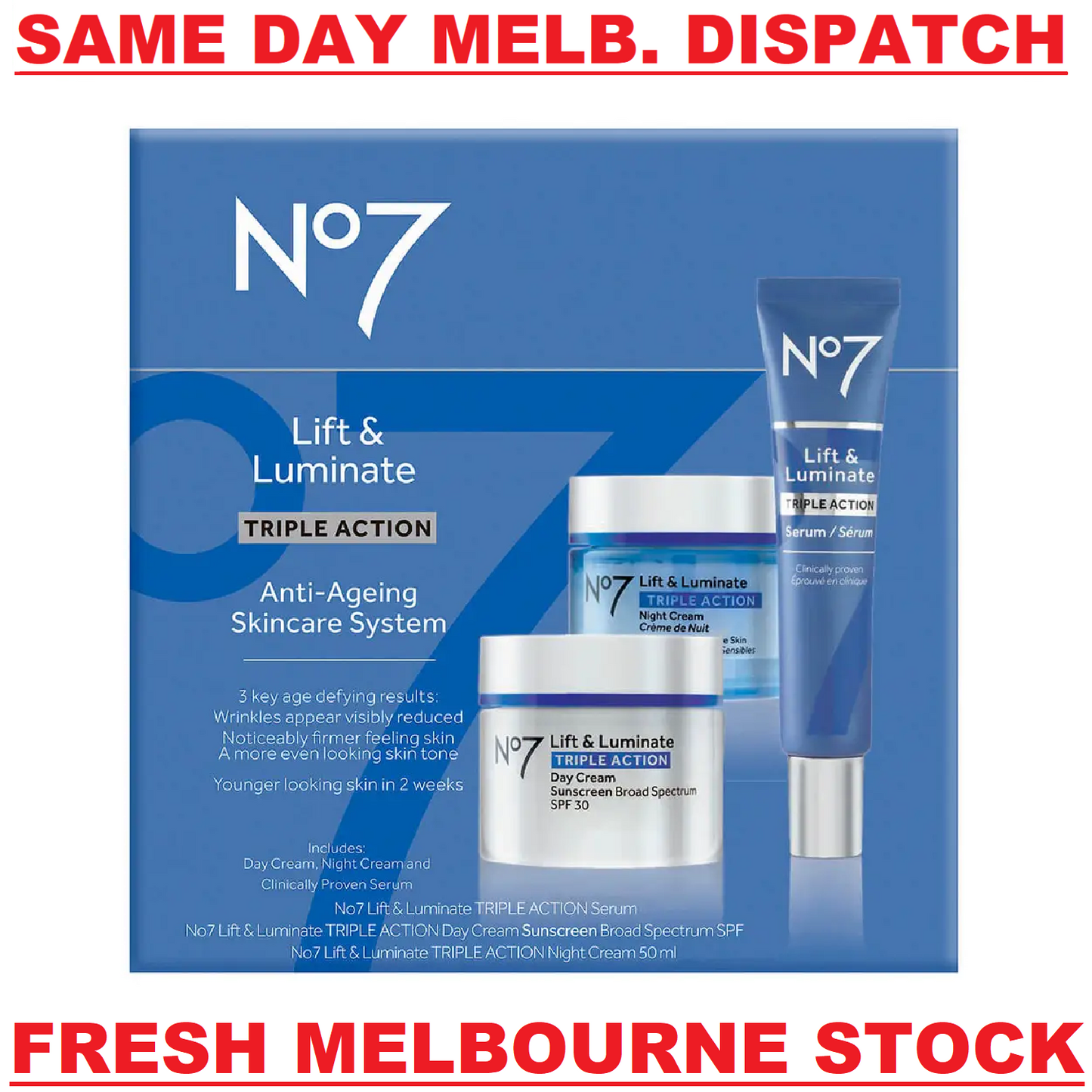 No7 Lift & Luminate TRIPLE ACTION ANTI-AGING Skincare Kit SPF/Night Cream/Serum
