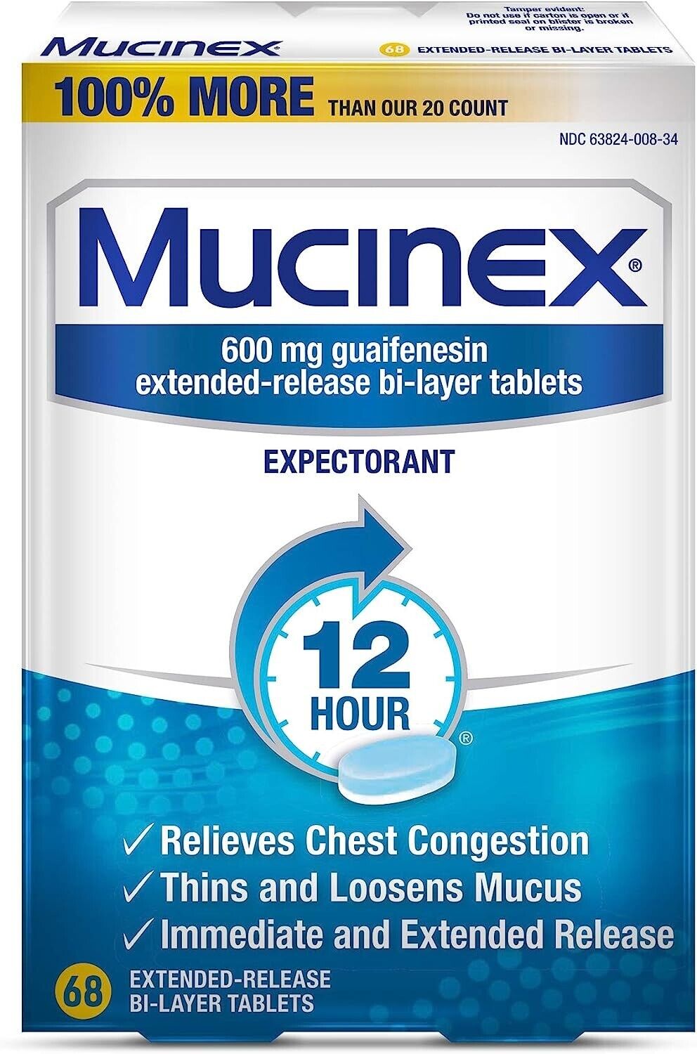 Mucinex Guaifenesin 600mg Expectorant Chest Congestion Loosens Mucus 68 Tablets