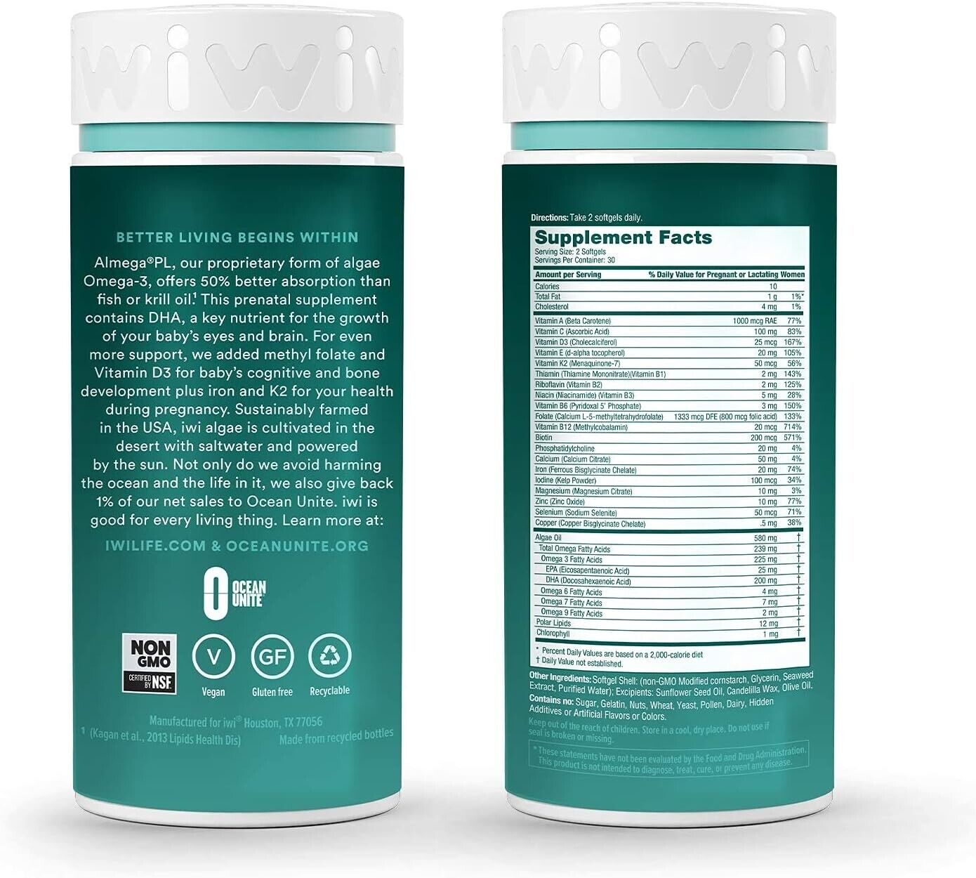 iwi Life PRENATAL Algae Plant Omega-3 EPA/DHA + Complete Multivitamin 60 Softgel