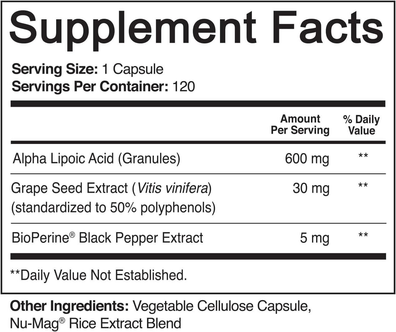NUTRIFLAIR Alpha Lipoic Acid 635mg + Grape Seed Extract & Bioprene 120 Capsules