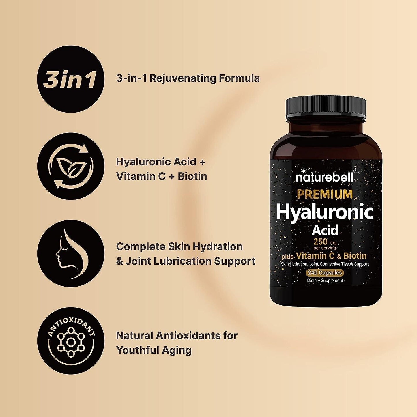 NatureBell Hyaluronic Acid 250mg + Vitamin C & Biotin - 240 Caps - FREE EXPRESS