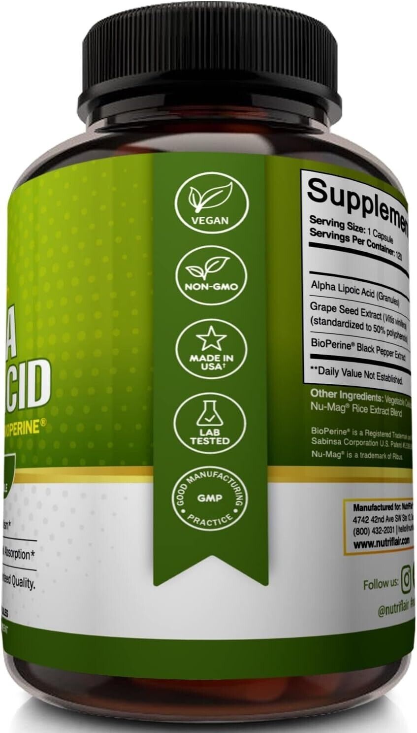 NUTRIFLAIR Alpha Lipoic Acid 635mg + Grape Seed Extract & Bioprene 120 Capsules