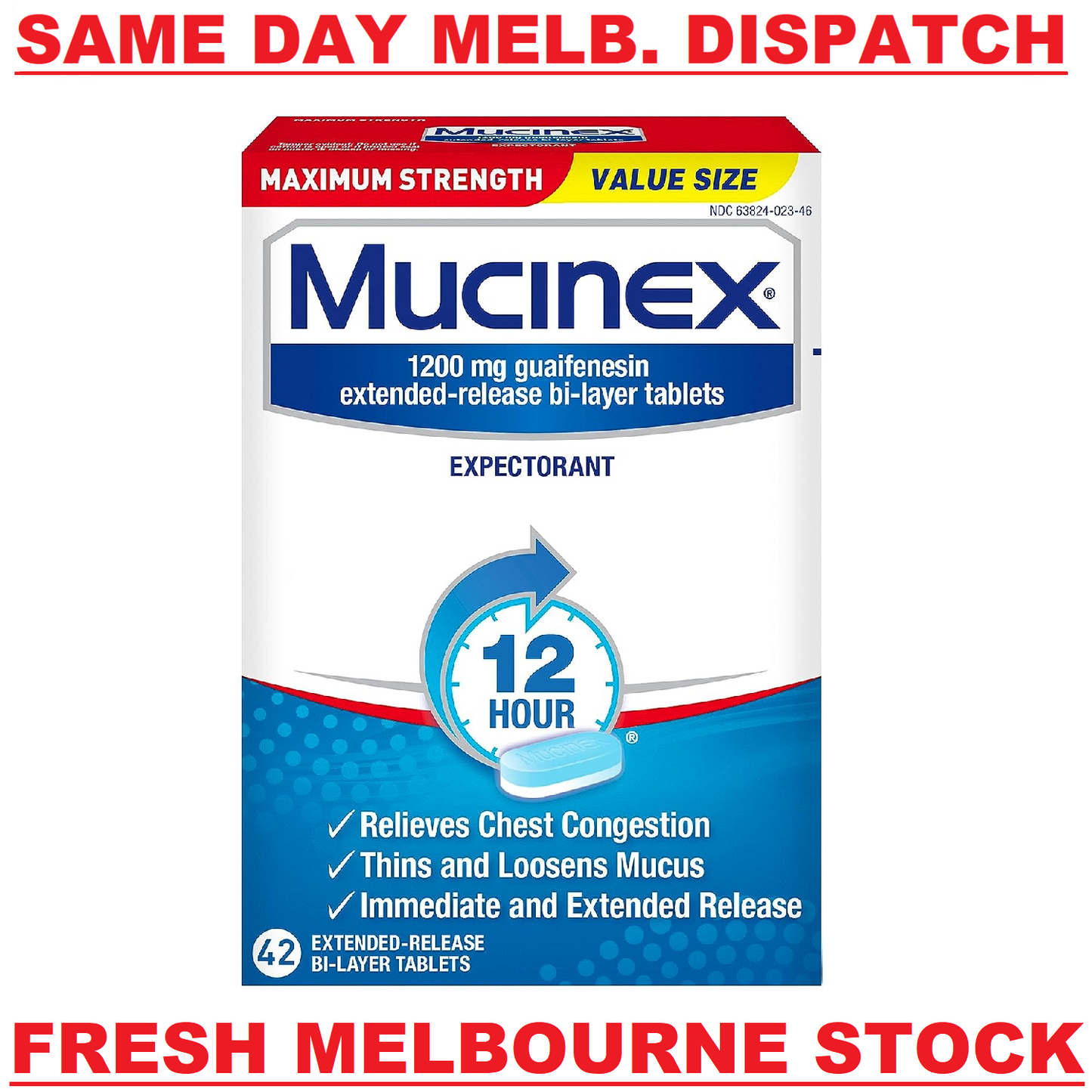 Mucinex Guaifenesin 1200mg Expectorant MAXIMUM STRENGTH Loosens Mucus 42 Tablets
